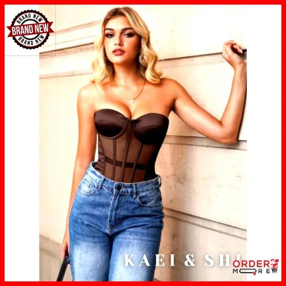 Strapless Sheer Mesh Corset Push Up Shapewear Lace Up Fit Satin Opaque Bra